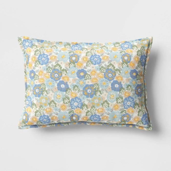 Printed Cotton with Embroidery Lumbar Throw Pillow Blue - Room Essentials