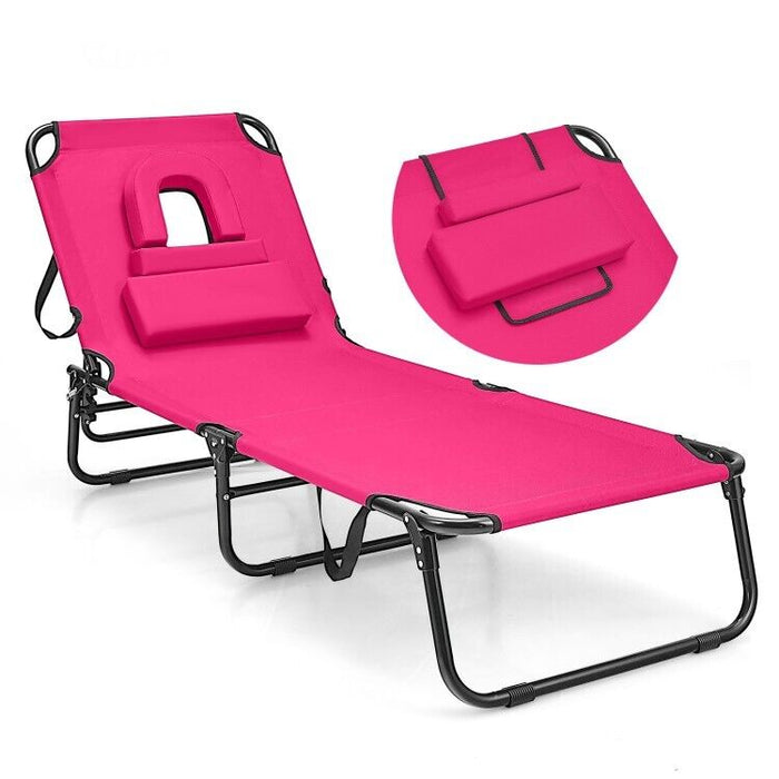 Beach Chaise Lounge Chair with Face Hole and Removable Pillow