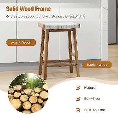 2PCS 25.5" Dining Saddle Stool Counter Height Seaweed Woven Seat Solid Wood (LOCAL PICKUP ONLY)