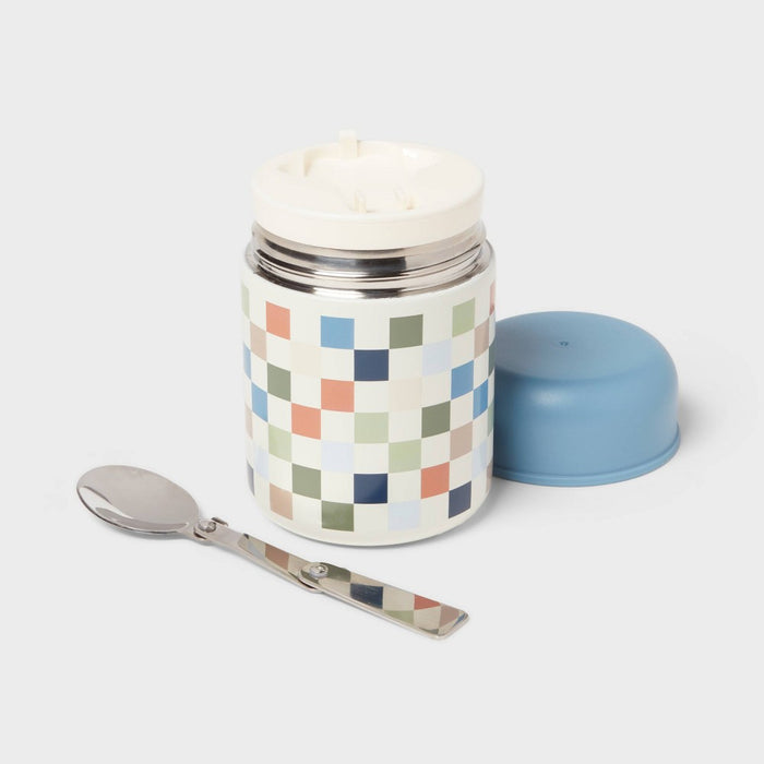 Kids' 10oz Checkered Double Wall Vacuum Stainless Steel Food Jar Blue with Stainless Steel Spoon - Pillowfort