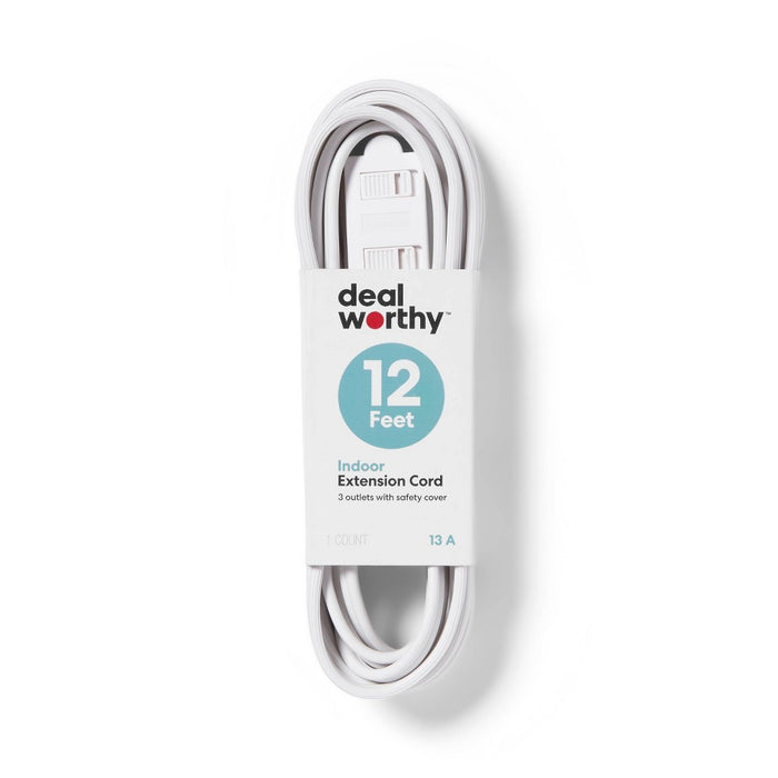 12' 3 Outlet Indoor Extension Cord White - Dealworthy