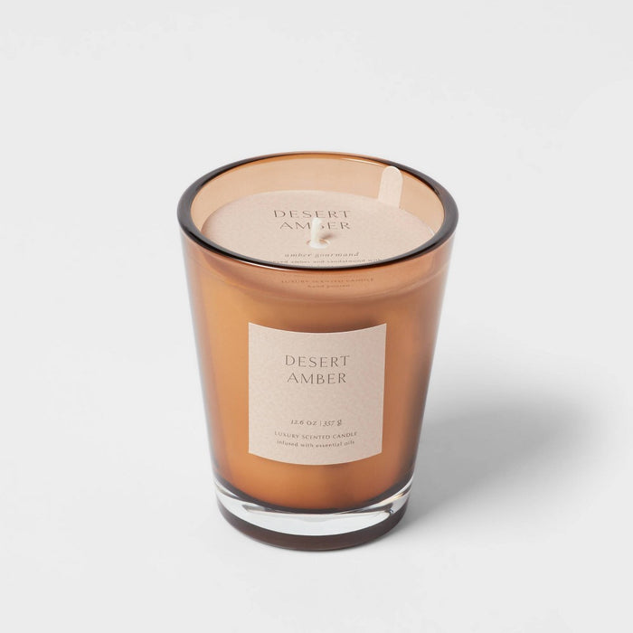12oz Colored Vase Glass with Dustcover Desert Amber Candle Brown - Threshold: Soothing Scent, Palm Wax, 52hr Burn Time
