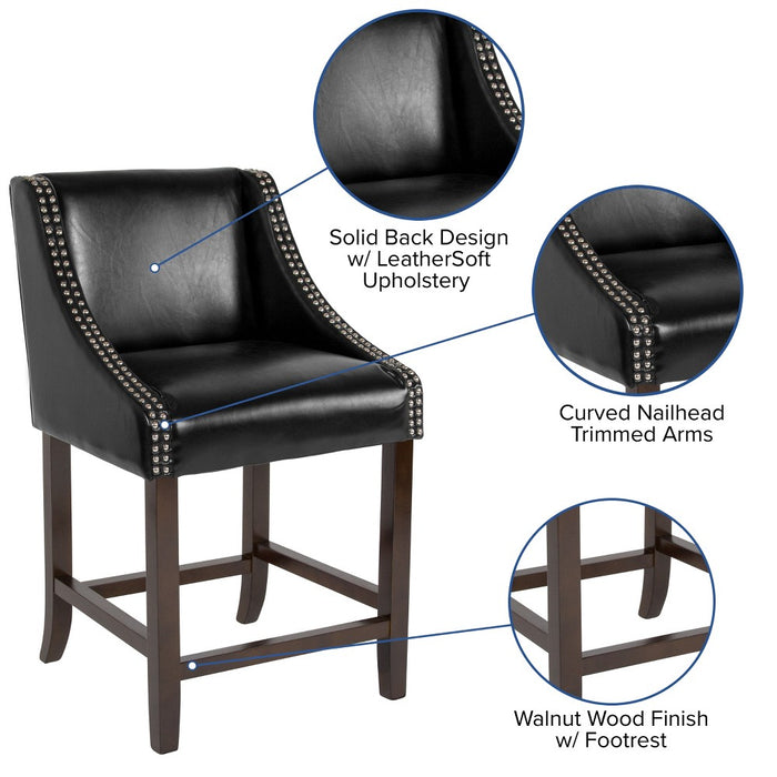 Flash Furniture Carmel Series 24" High Transitional Walnut Counter Height Stool with Nail Trim in Black LeatherSoft (LOCAL PICKUP ONLY)