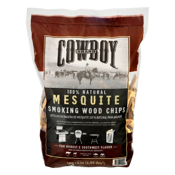 Cowboy 180 cu in Mesquite Chips: Natural Smoker Flavor for Charcoal Grill, Hickory Aroma