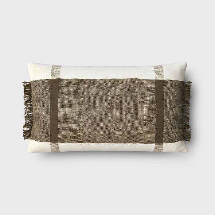 Oversized Textured Woven Cotton Striped Lumbar Throw Pillow Ivory/Dark Olive - Threshold: Fringe Detail, Indoor Use