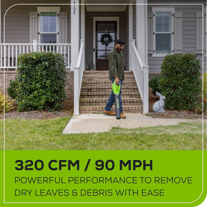 Greenworks POWERALL 24V 2Ah Cordless 320FM / 90MPH Axial Leaf Blower Kit with Battery and Charger Included
