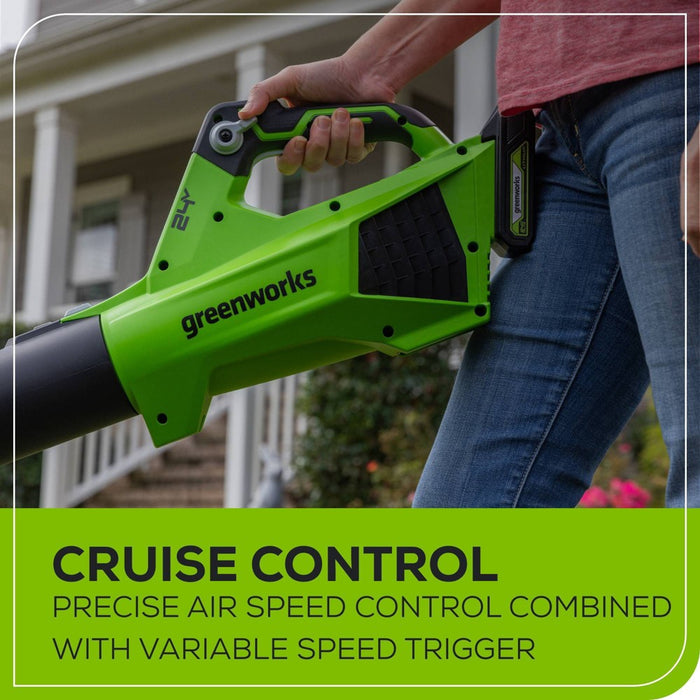 Greenworks POWERALL 24V 2Ah Cordless 320FM / 90MPH Axial Leaf Blower Kit with Battery and Charger Included