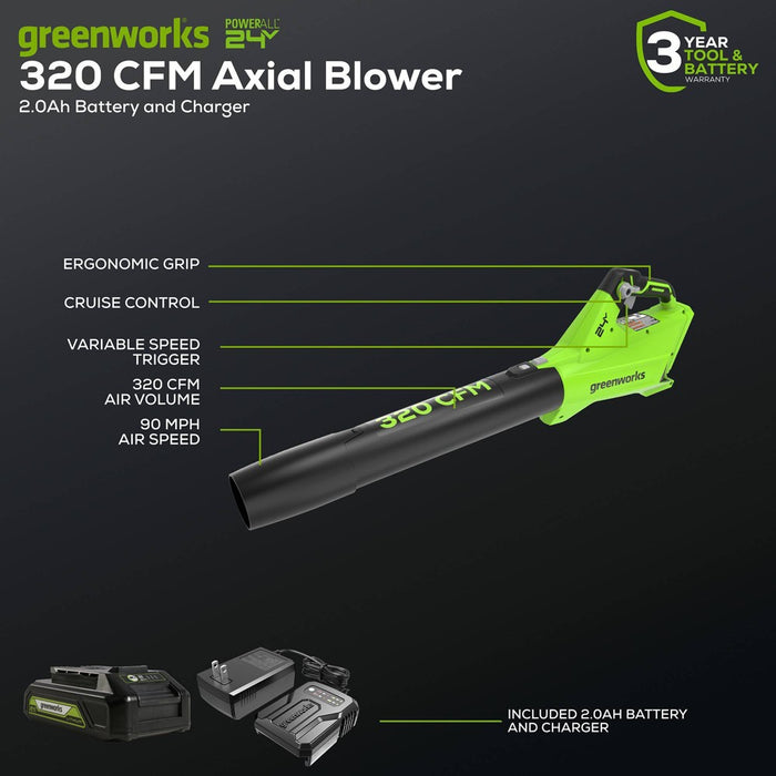 Greenworks POWERALL 24V 2Ah Cordless 320FM / 90MPH Axial Leaf Blower Kit with Battery and Charger Included
