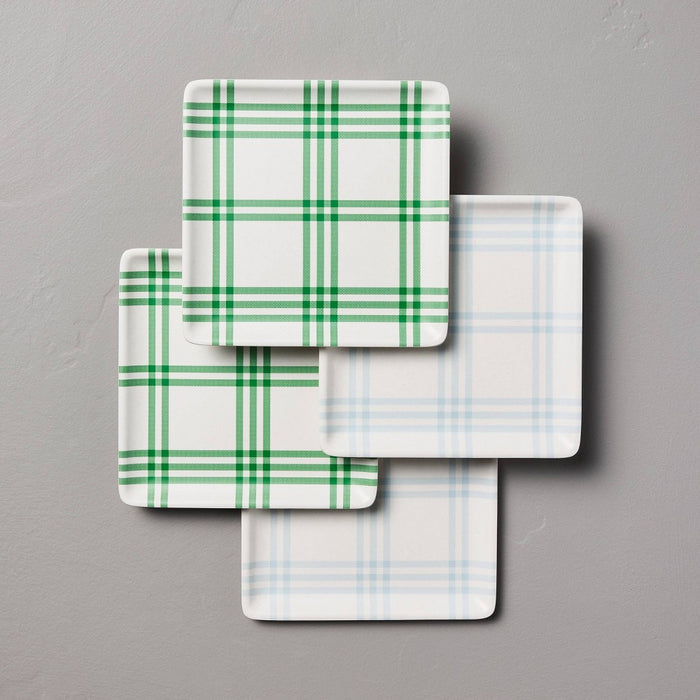 4pk Tri-Stripe Plaid Square Melamine Appetizer Plates Cream/Light Blue/Green - Hearth & Hand with Magnolia