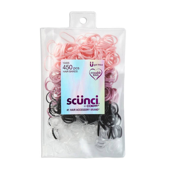 scunci Kids Polyband Elastics Hair Ties with Reusable Pouch - Pink/Black/Clear - 450pcs