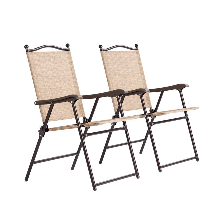Tangkula 2-Piece Folding Outdoor Patio Chair Sling Back Camping Chair with Armrest & Pillow Beige & Tan (LOCAL PICKUP ONLY)