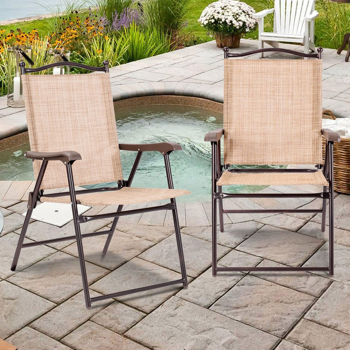Tangkula 2-Piece Folding Outdoor Patio Chair Sling Back Camping Chair with Armrest & Pillow Beige & Tan (LOCAL PICKUP ONLY)