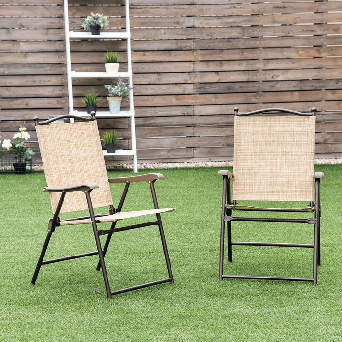 Tangkula 2-Piece Folding Outdoor Patio Chair Sling Back Camping Chair with Armrest & Pillow Beige & Tan (LOCAL PICKUP ONLY)