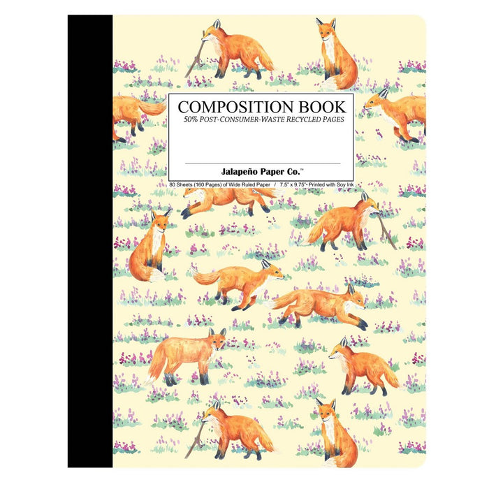 Jalapeno Paper Co. 160 Sheet Wide Ruled Composition Notebook Foxes in Heather