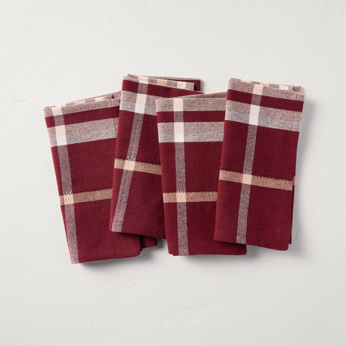 4pk Fall Plaid Cloth Napkins Burgundy - Hearth & Hand with Magnolia