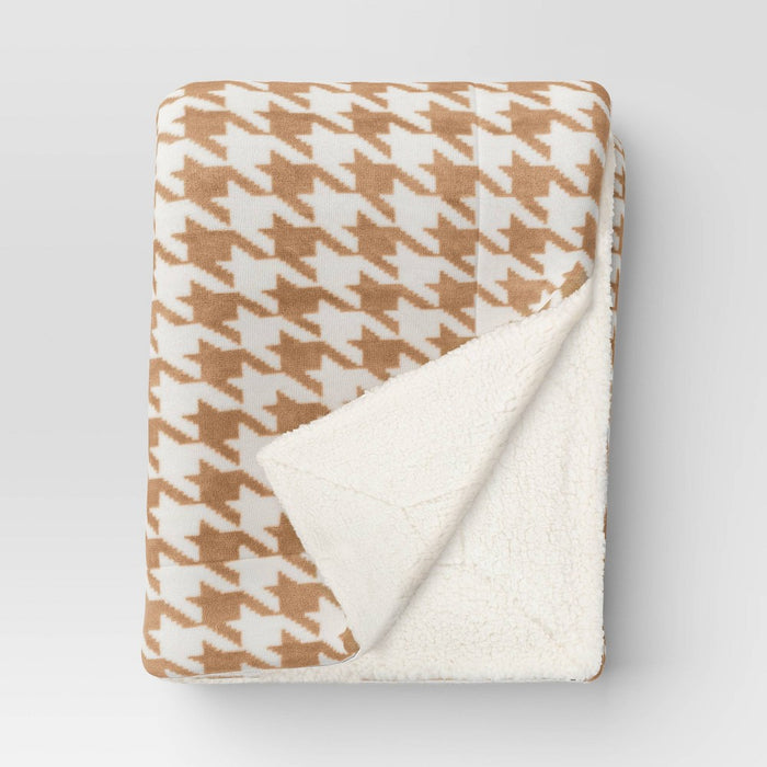 Printed Plush Houndstooth Throw with Faux Shearling Reverse Neutral/Cream - Threshold (LOCAL PICKUP ONLY)