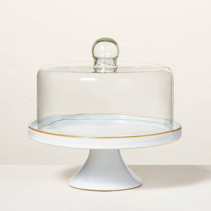 11" Stoneware Reactive Glaze Cake Stand with Glass Cloche Cream - Hearth & Hand with Magnolia