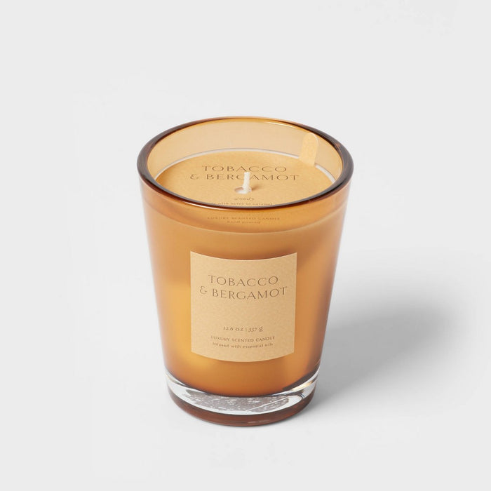 12oz Colored Vase Glass with Dustcover Tobacco and Bergamot Candle Yellow - Threshold;