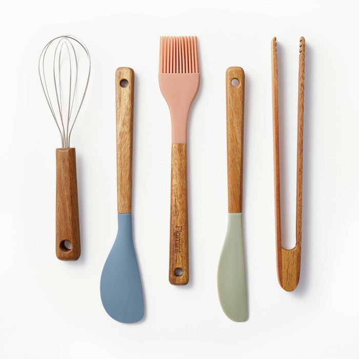 5pc Acacia Wood/Silicone Mini Kitchen Utensil Set Brown/Red/Blue - Figmint