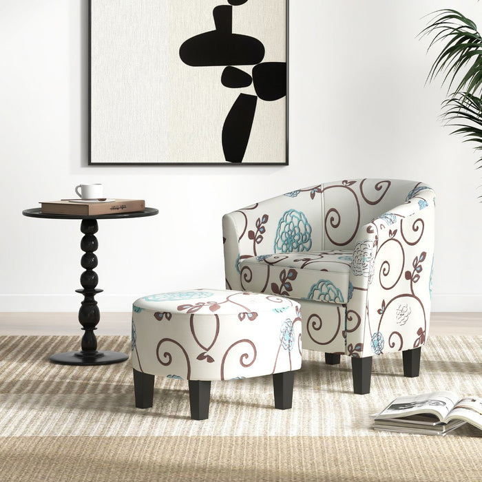 Costway Barrel Modern Accent Tub Upholstered Chair French Print with Ottoman Grey Floral (LOCAL PICKUP ONLY)