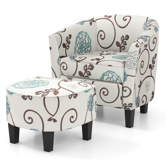 Costway Barrel Modern Accent Tub Upholstered Chair French Print with Ottoman Grey Floral (LOCAL PICKUP ONLY)