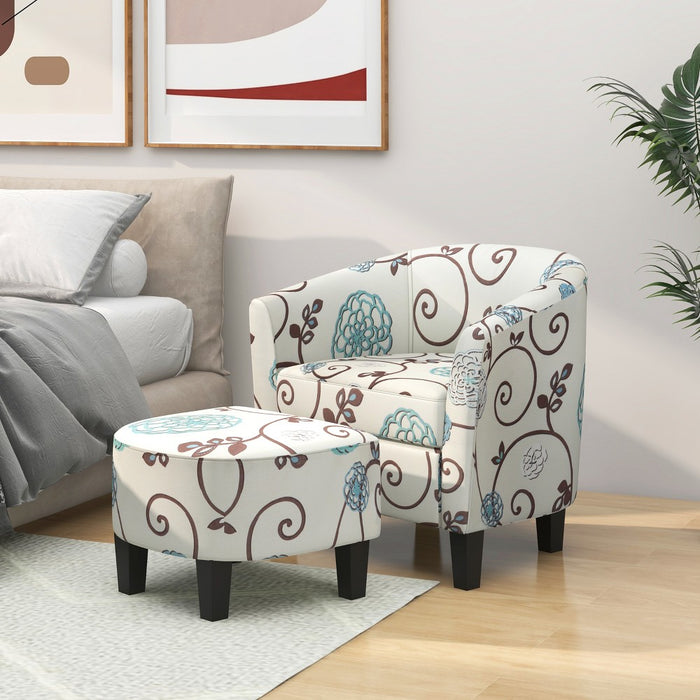 Costway Barrel Modern Accent Tub Upholstered Chair French Print with Ottoman Grey Floral (LOCAL PICKUP ONLY)