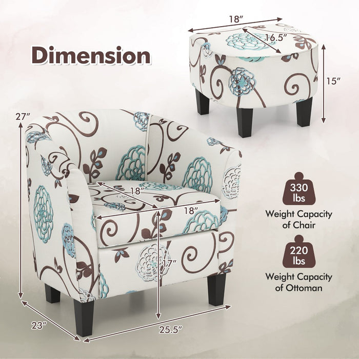 Costway Barrel Modern Accent Tub Upholstered Chair French Print with Ottoman Grey Floral (LOCAL PICKUP ONLY)