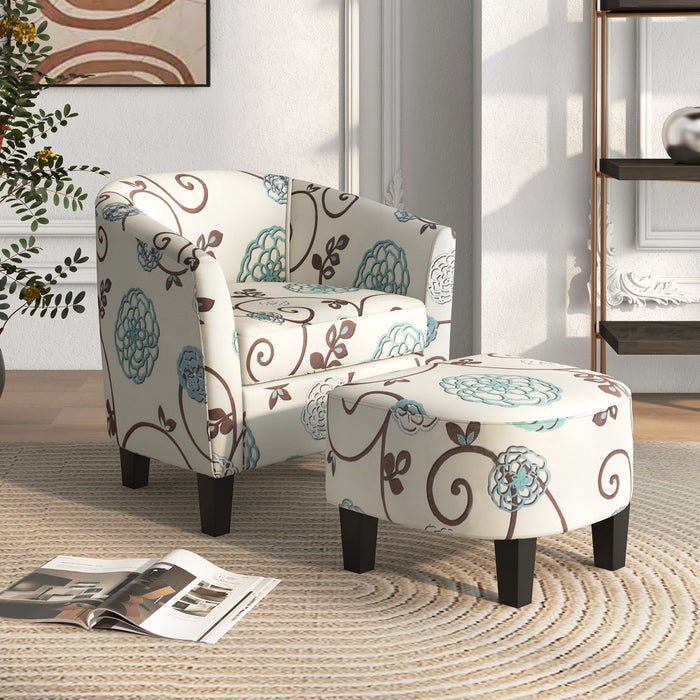 Costway Barrel Modern Accent Tub Upholstered Chair French Print with Ottoman Grey Floral (LOCAL PICKUP ONLY)