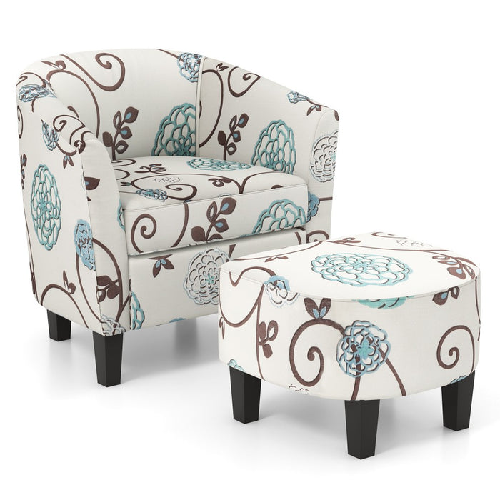 Costway Barrel Modern Accent Tub Upholstered Chair French Print with Ottoman Grey Floral (LOCAL PICKUP ONLY)
