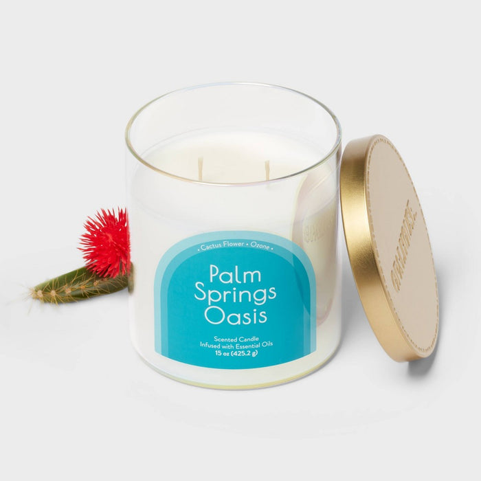 2-Wick Glass Jar 15oz Candle with Iridescent Sleeve Palm Springs Oasis - Opalhouse: Soothing Floral & Ocean Aroma, 50hr Burn