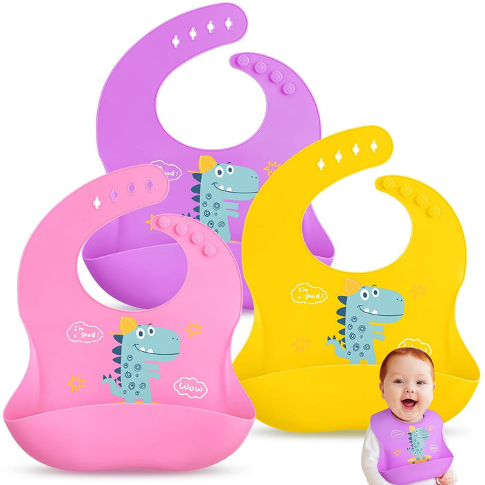 NPET 3PCS Silicone Baby Bibs For Babies & Toddlers, Waterproof Baby Bibs For Eating BPA Free Toddler Bibs 1-3 Years Soft Adjustable Fit Cute Dinosaur Baby Gift Bibs For Baby Boy Girl