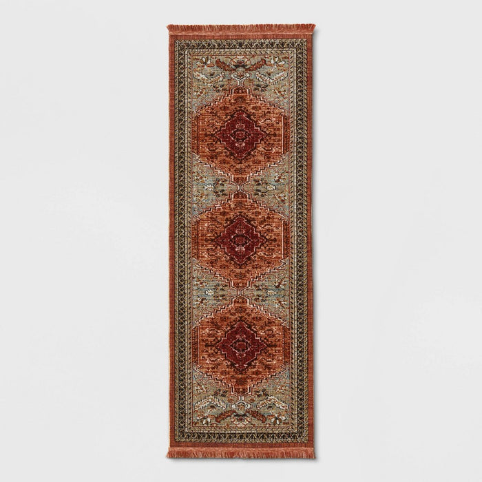 2'4"x7' Floral Woven Runner Rug Rust/Green - Threshold