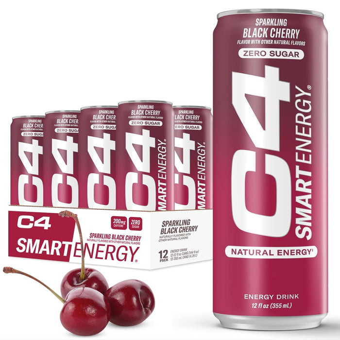 C4 Smart Energy Drink - Sugar Free Performance Fuel & Nootropic Brain Booster, Coffee Substitute Or Alternative | Black Cherry 12 Oz - 12 Pack