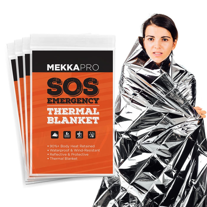 MEKKAPRO Emergency Mylar Thermal Blankets (4-Pack), Pocket Sized For Emergencies, Camping, Outdoors, Hiking, Survival, First Aid (Thermal Silver)