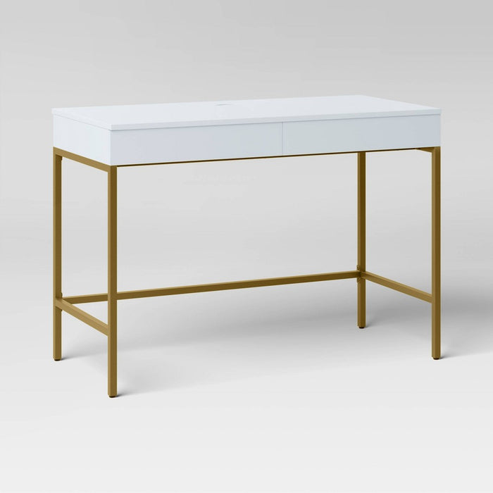 Loring Wood Writing Desk with Drawers and Charging Station White/Gold - Threshold: Home Office, USB Port (LOCAL PICKUP ONLY)