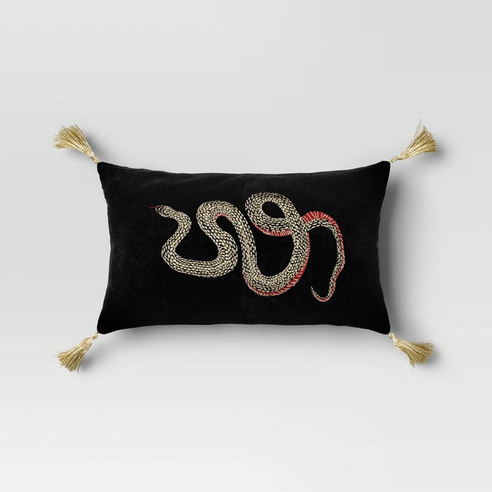 Lumbar Embroidered Snake Velvet Throw Pillow Black - Threshold