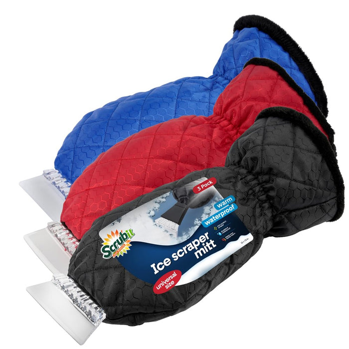SCRUBIT [3 Pack Ice Scraper With Glove - Car Windshield Scraper For Ice And Snow W/Fleece Mitt - Scrape And Remove Snow While Staying Warm - Waterproof Car Scraper Snow Brush (Black, Blue, Red)