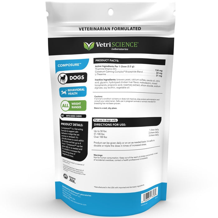 VetriScience Composure for Dogs, Calming Behavior and Anxiety Support, Chicken Flavor, 60 Soft Chews