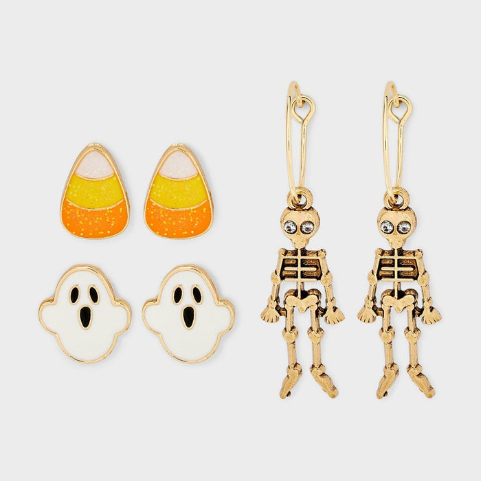 Halloween Candy Skeleton Ghost Earring Set 3pc - White/Orange/Gold