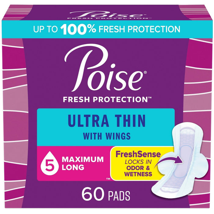 Poise Ultra Thin Incontinence Pads with Wings - Maximum Absorbency - Long Length - 6
