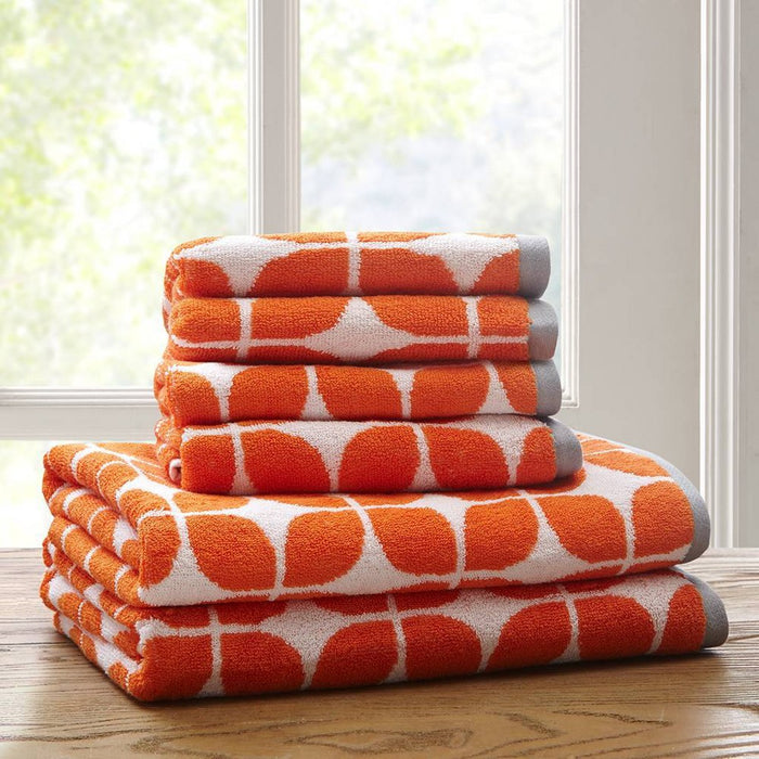 6pc Cotton Jacquard Bath Towel Set Orange: Intelligent Design, Geometric Pattern, Midweight, OEKO-TEX Certified