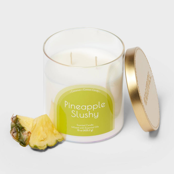 2-Wick Glass Jar 15oz Candle with Iridescent Sleeve Pineapple Slushy - Opalhouse: Coconut & Cotton Candy Aroma, 50hr Burn Time