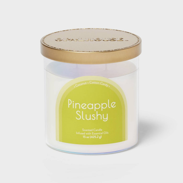 2-Wick Glass Jar 15oz Candle with Iridescent Sleeve Pineapple Slushy - Opalhouse: Coconut & Cotton Candy Aroma, 50hr Burn Time