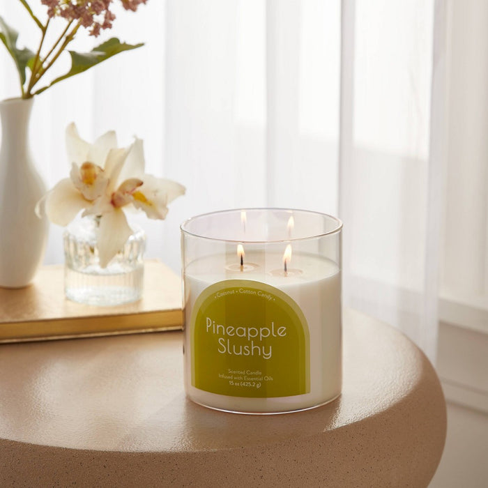 2-Wick Glass Jar 15oz Candle with Iridescent Sleeve Pineapple Slushy - Opalhouse: Coconut & Cotton Candy Aroma, 50hr Burn Time