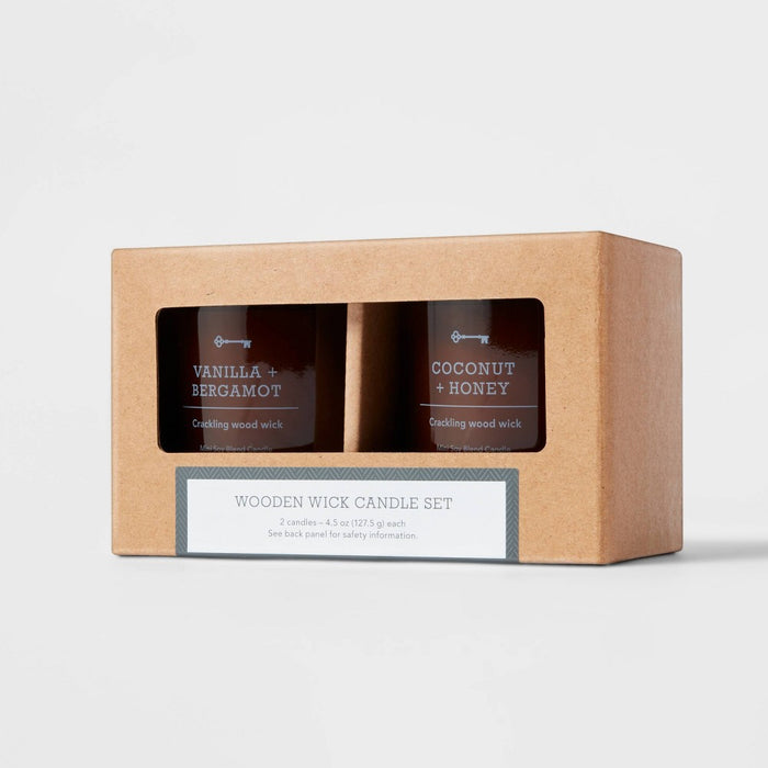 Set of 2 4.5oz Wooden Wick Amber Glass Candle Gift Set Coconut and Honey & Vanilla and Bergamot - Threshold: Soy Wax Jar, Home Fragrance