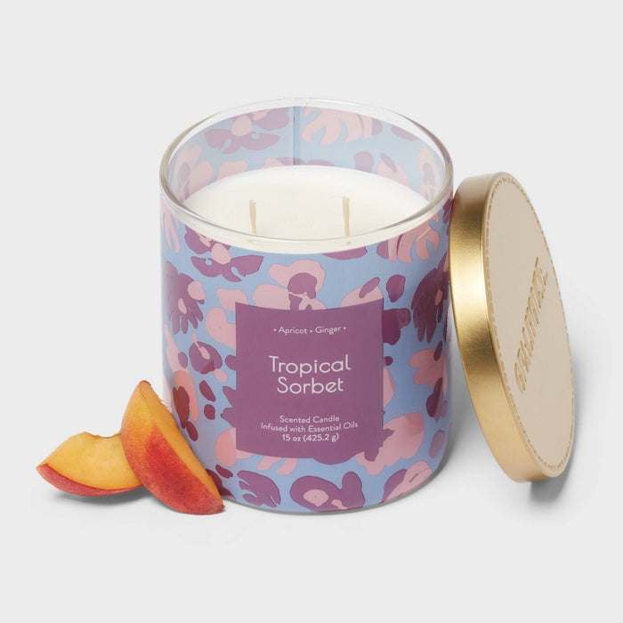 2-Wick Glass Jar 15oz Candle with Patterned Sleeve Tropical Sorbet - Opalhouse: Soothing Apricot & Ginger Aroma