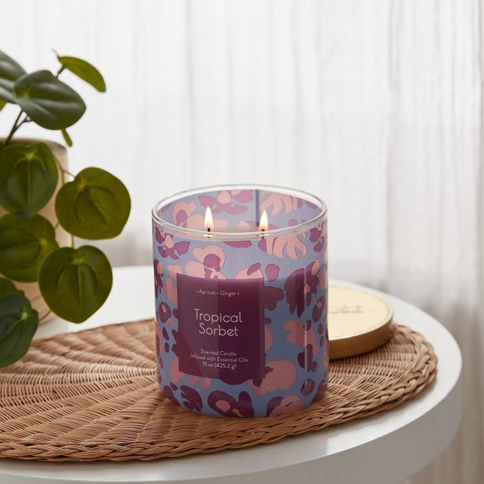 2-Wick Glass Jar 15oz Candle with Patterned Sleeve Tropical Sorbet - Opalhouse: Soothing Apricot & Ginger Aroma