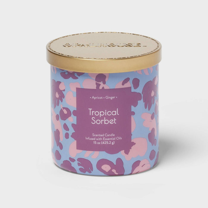 2-Wick Glass Jar 15oz Candle with Patterned Sleeve Tropical Sorbet - Opalhouse: Soothing Apricot & Ginger Aroma