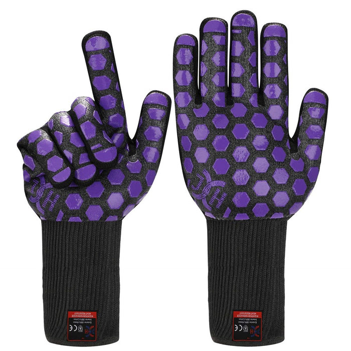 J H Heat Resistant Oven Glove:EN407 Certified 932 °F, 2 Layers Silicone Coating, Oven Mitts For Cooking, Kitchen, Fireplace, Grilling, 1 Pair (Extended Long Cuff, Black Shell With Purple)