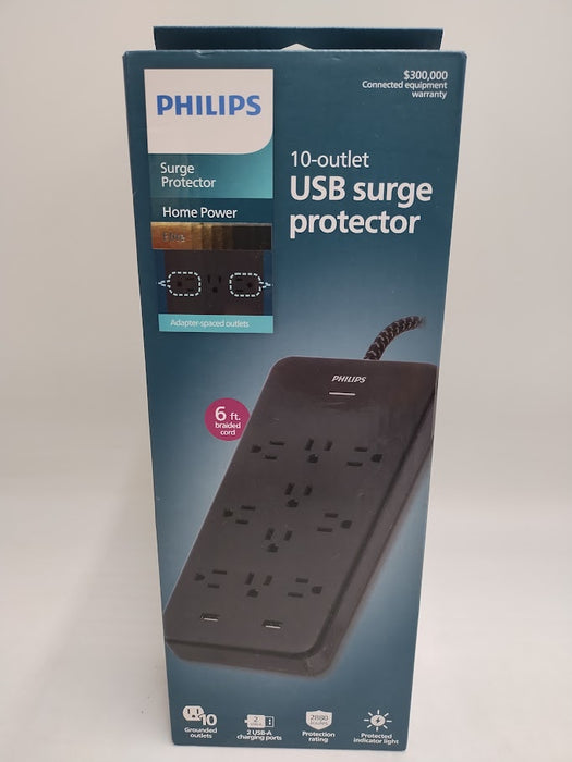 Philips 10-Outlet Surge 6' Braided cord 2880J 2 USB-A - 2.4A Adapter-Spaced - Black